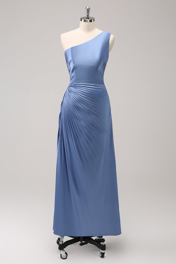 Blue One Shoulder Satin Keyhole Long Bridesmaid Dress Discount