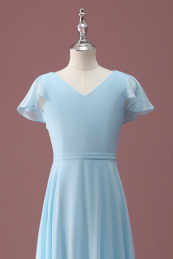 Sky Blue A Line V-Neck Ruched Chiffon Junior Bridesmaid Dress Online now