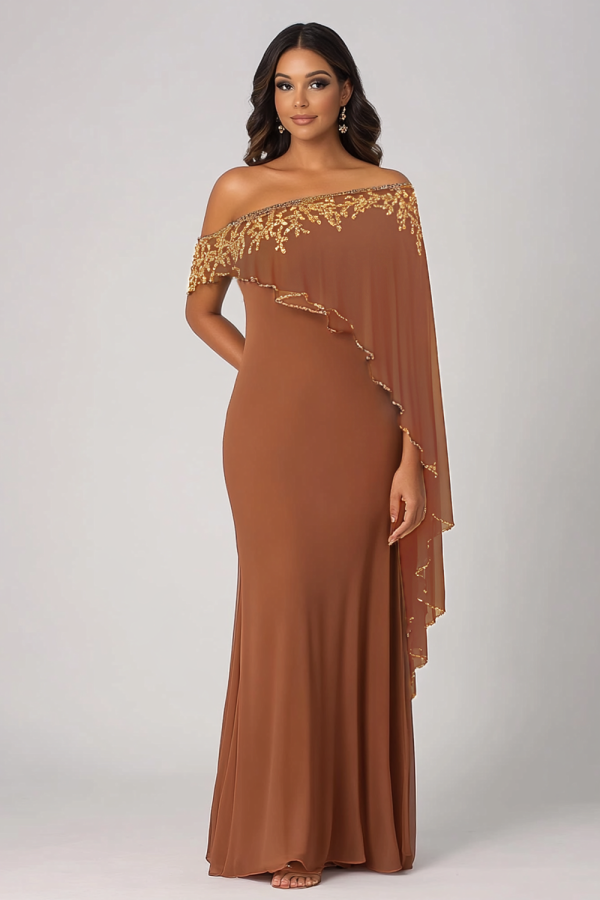 Sparkly Rust Off The Shoulder Chiffon Long Mother of Bride Dress Sale