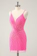 Hot Pink Spaghetti Straps Tight Short Backless Homecoming Dress with Sequins Sale