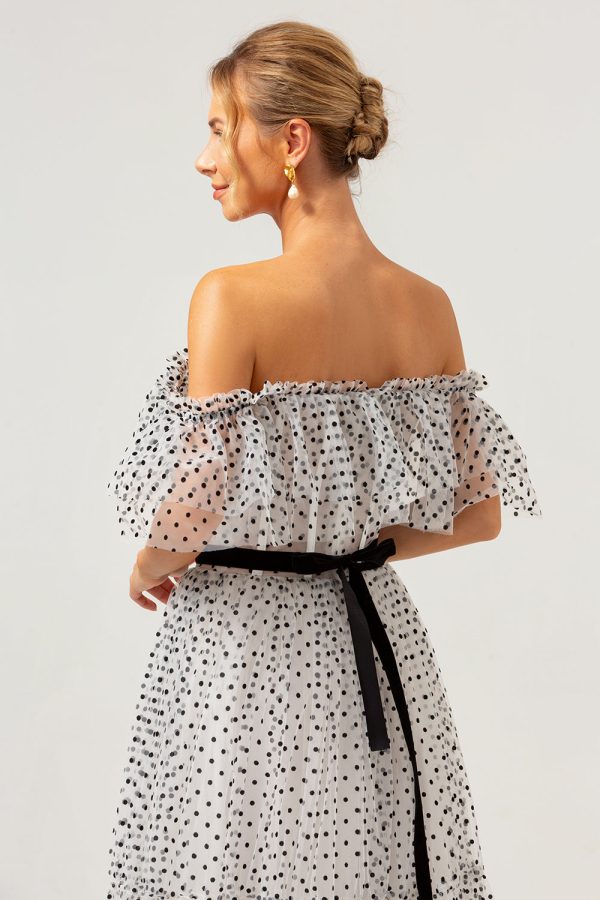 White Black A-Line Off The Shoulder Long Prom Dress with Dot Supply