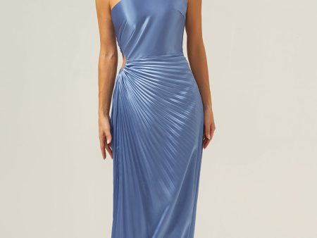 Blue Sheath One Shoulder Satin Keyhole Long Bridesmaid Dress Supply