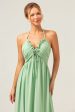 Light Green A Line Halter Backless Long Bridesmaid Dress with Lace Up Back Supply