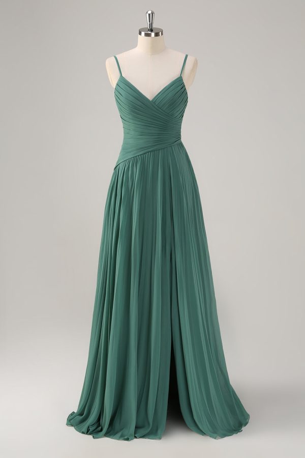 Eucalyptus A-Line Spaghetti Straps Pleated Chiffon Bridesmaid Dress with Slit Supply