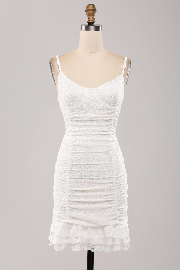 Cute Spaghetti Straps Bodycon Pleated Lace Short White Graduation Dress Online now