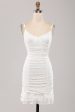 Cute Spaghetti Straps Bodycon Pleated Lace Short White Graduation Dress Online now