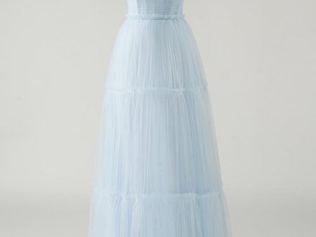 A-Line Bow Tie Straps Sky Blue Tulle Long Bridesmaid Dress For Sale