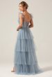 Detachable Straps A Line Tiered Long Dusty Blue Bridesmaid Dress Cheap