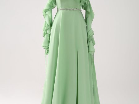 Light Green Cold Shoulder A-Line Chiffon Long Bridesmaid Dress with Ruffles Hot on Sale