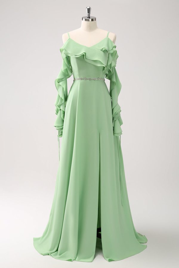 Light Green Cold Shoulder A-Line Chiffon Long Bridesmaid Dress with Ruffles Hot on Sale