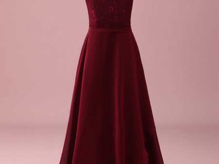 Burgundy Halter Lace A Line Chiffon Long Junior Bridesmaid Dress Discount