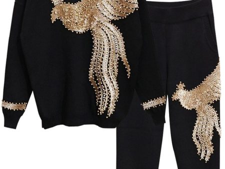 Royal Eagle Knitted Top and Pants Set with Eagle Embroidery For Discount