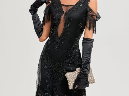 Black Cold Shoulder Sequins Fringes 1920s Gatsby Dress Discount