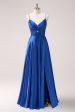 Ink Blue Spaghetti Straps Satin Bridesmaid Dress with Slit Sale