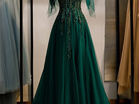 A-Line Spaghetti Straps Dark Green Prom Dress with Beading Supply