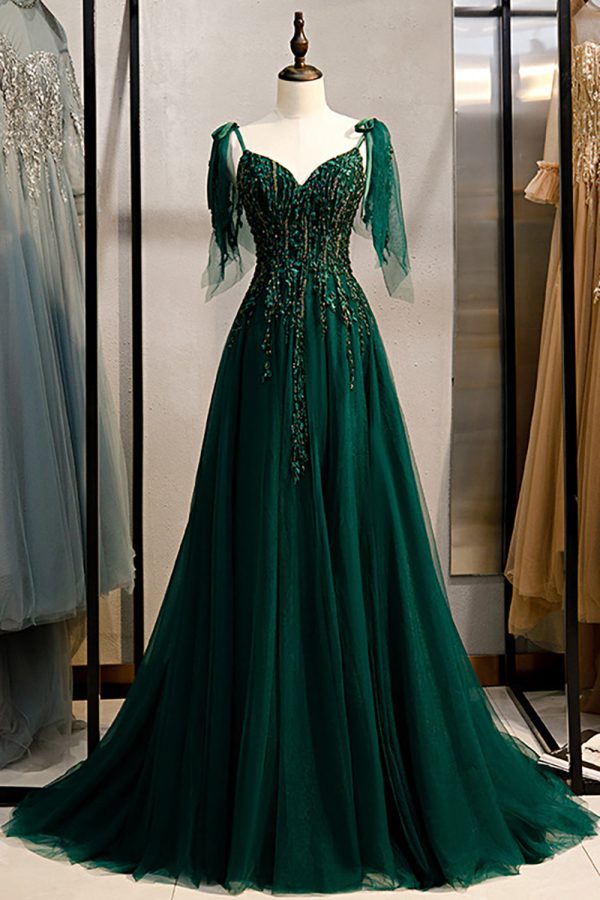 A-Line Spaghetti Straps Dark Green Prom Dress with Beading Supply