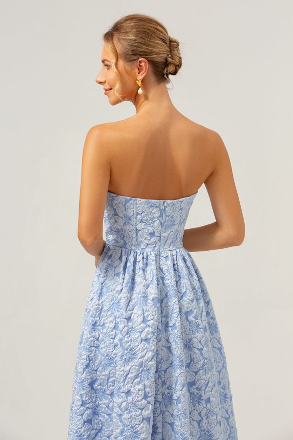 A-Line Blue Floral Strapless High Low Bridesmaid Dress on Sale