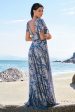 Grey Blue A-Line V Neck Burnout Velvet Printed Long Bridesmaid Dress For Discount