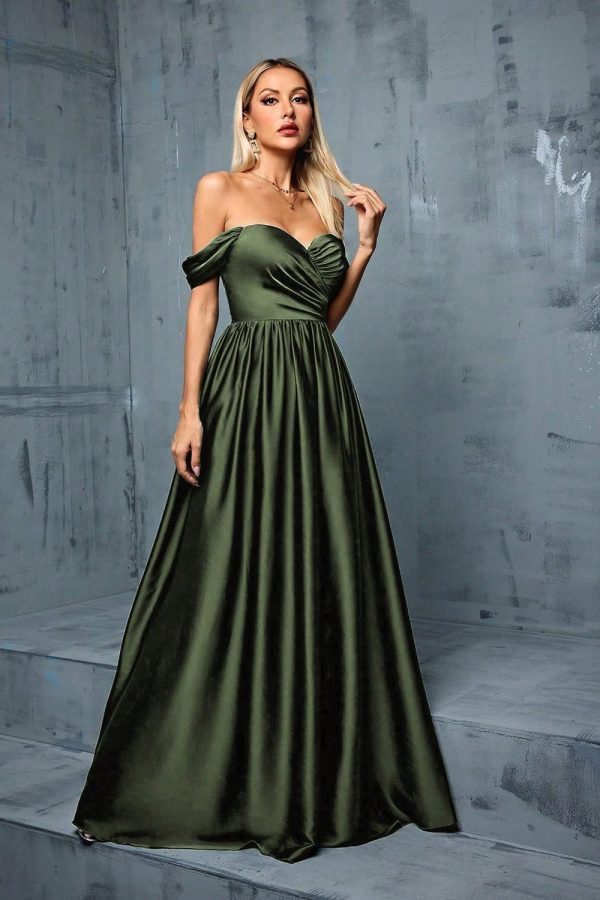 Army Green Off the Shoulder Satin A-Line Long Prom Dress For Sale