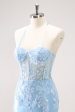 Blue Spaghetti Straps Corset Applique Tight Homecoming Dress with Sequins For Discount