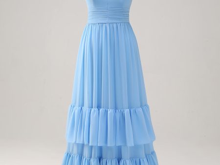 Blue A Line Spaghetti Straps V Neck Tiered  Long Bridesmaid Dress Online Sale