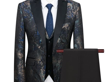 Black Blue Jacquard 3 Piece Men Suits Cheap