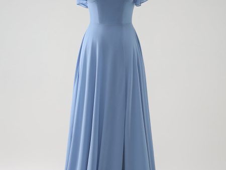 Grey Blue A Line Chiffon Long Bridesmaid Dress with Slit For Sale