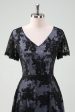 Black V-neck Short Sleeves Lace A-Line Mother of Bride Dress Fashion