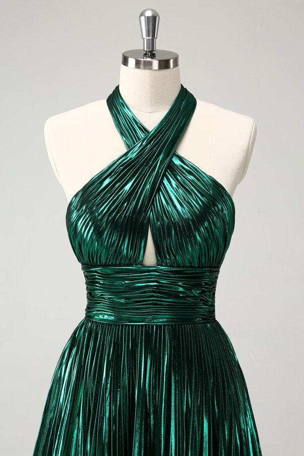 Glitter Dark Green Halter A-Line Pleated Metallic Homecoming Dress Online