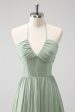 Dusty Sage Halter Ruffled Bridesmaid Dress with Slit Discount