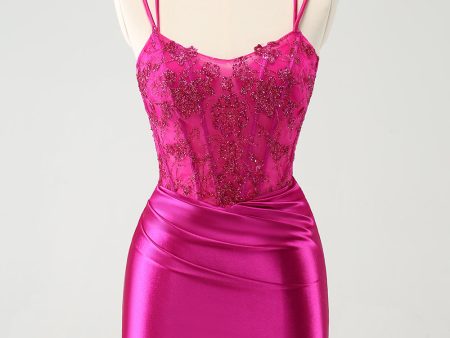 Fuchsia Bodycon Spaghetti Straps Beaded Satin Short Homecoming Dress Discount