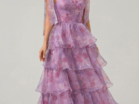 A Line Purple Printed Tiered Tea-Length Long Prom Dress For Discount