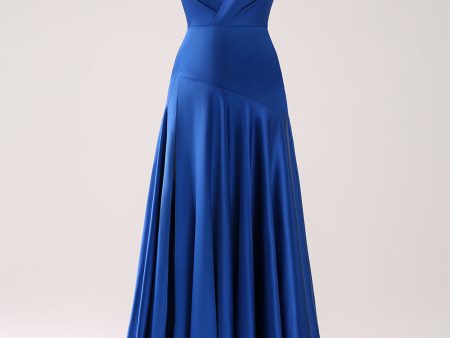 Ink Blue V-Neck Satin Bridesmaid Dress with Slit Online Hot Sale