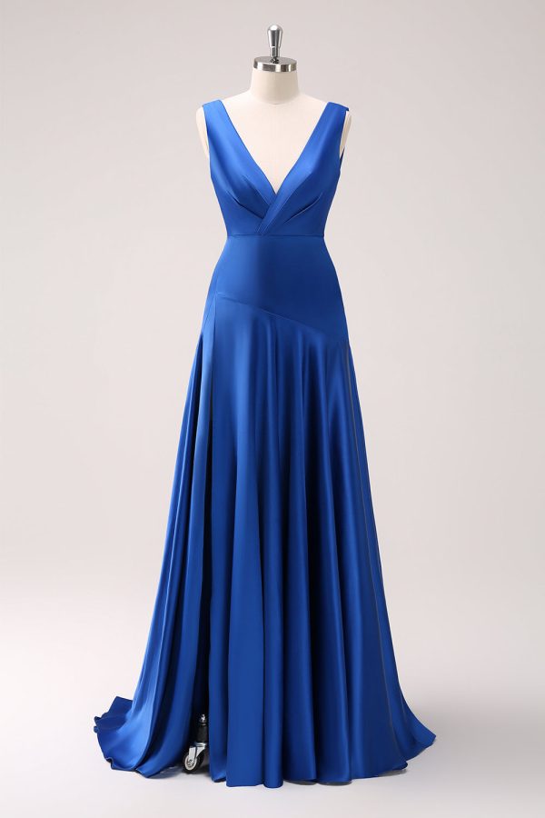 Ink Blue V-Neck Satin Bridesmaid Dress with Slit Online Hot Sale