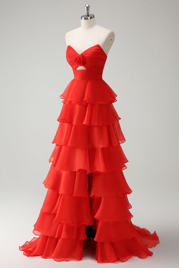 Orange Sweetheart Princess Chiffon Tiered Long Prom Dress with Slit Online Sale