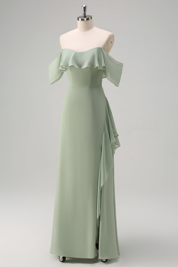 Light Green Mermaid Off the Shoulder Ruffled Bridesmaid Dress with Slit Supply