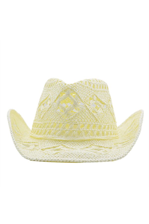 Apricot Knitting Western Cowboy Hat Straw Hat Hollow Out Sunhat For Cheap