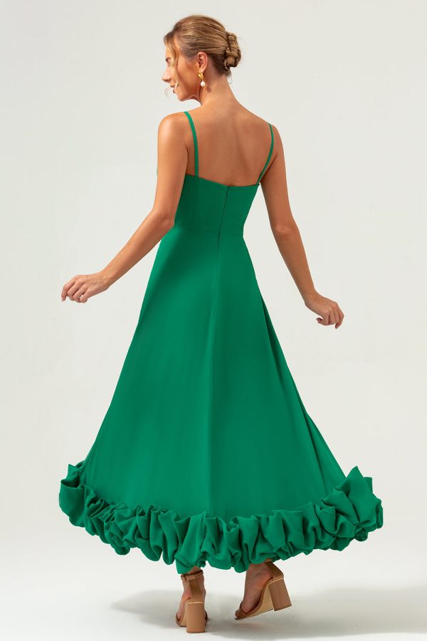 Elegant Green A Line Spaghetti Straps Chiffon Long Bridesmaid Dress on Sale