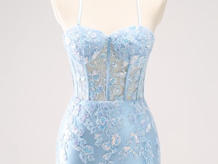 Blue Spaghetti Straps Corset Applique Tight Homecoming Dress with Sequins For Discount