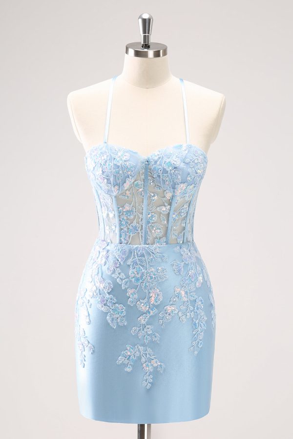 Blue Spaghetti Straps Corset Applique Tight Homecoming Dress with Sequins For Discount