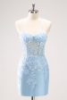 Blue Spaghetti Straps Corset Applique Tight Homecoming Dress with Sequins For Discount