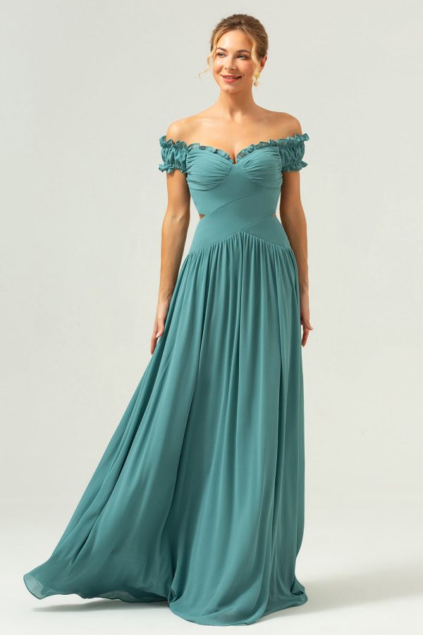 A-Line Off The Shoulder Pleated Chiffon Green Long Bridesmaid Dress Cheap