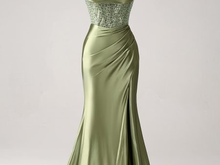 Army Green Mermaid Cowl Neckline Sequin Long Prom Dress With Slit For Cheap