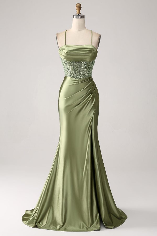 Army Green Mermaid Cowl Neckline Sequin Long Prom Dress With Slit For Cheap