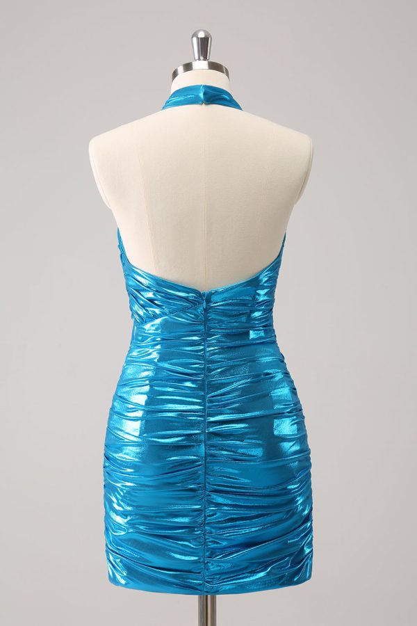 Metallic Tight Halter Backless Satin Blue Homecoming Dress Discount