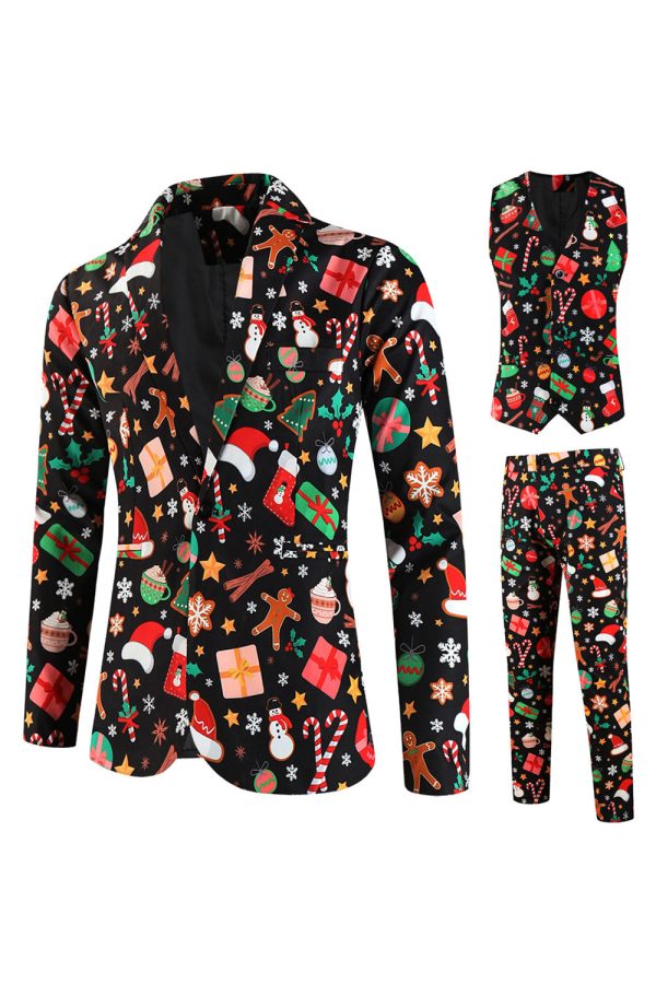 Black Christmas Printed Notched Lapel 3 Pieces Men s Suits For Discount