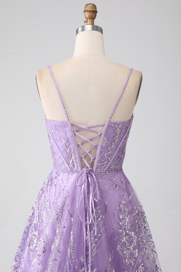 A-Line Spaghetti Straps Lilac Corset Prom Dress with Sequins For Discount