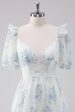 Light Blue Floral Short Homecoming Dress with Short Sleeves For Sale