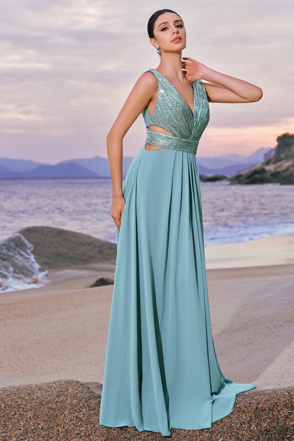 Grey Green A-Line Sequins Chiffon Bridesmaid Dress Hot on Sale