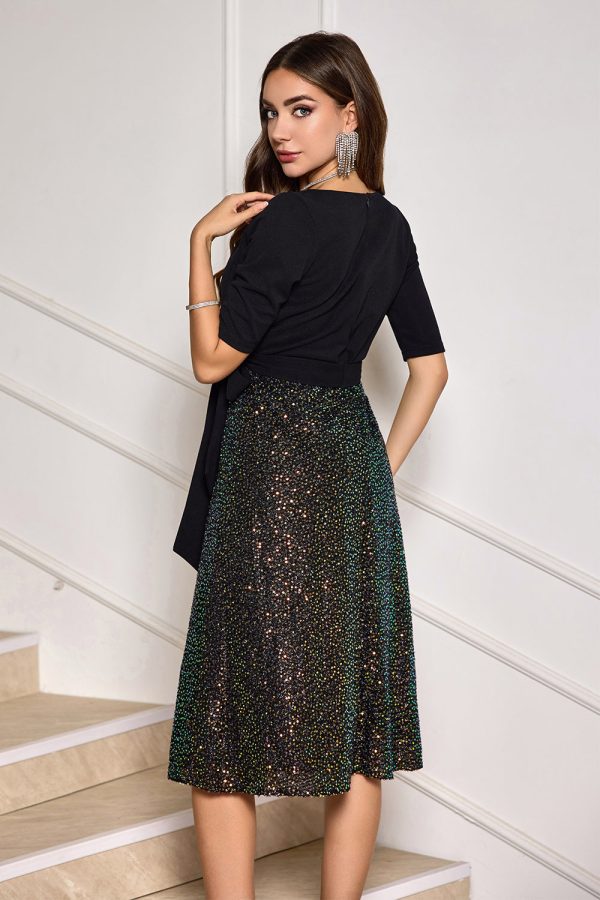 Sparkly Black A-Line Sequin Cocktail Dress with Half Sleeves on Sale